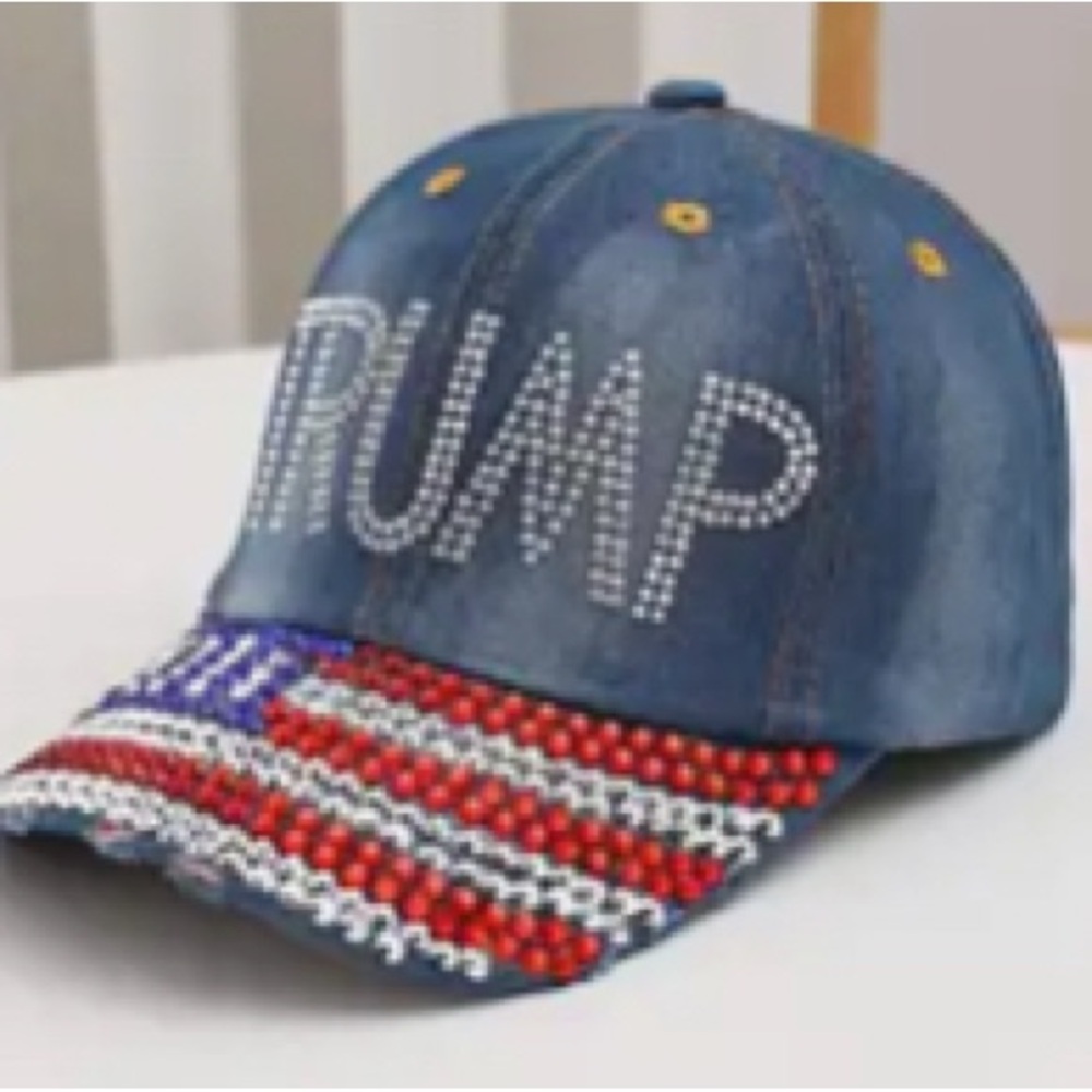 President Donald Trump Denim Rhinestone Bling Hat Cap Ball Cap 45th POTUS MAGA